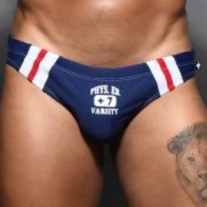 👀- Andrew Christian Phys Ed Varsity Bikini NAVY MEDIUM❤️